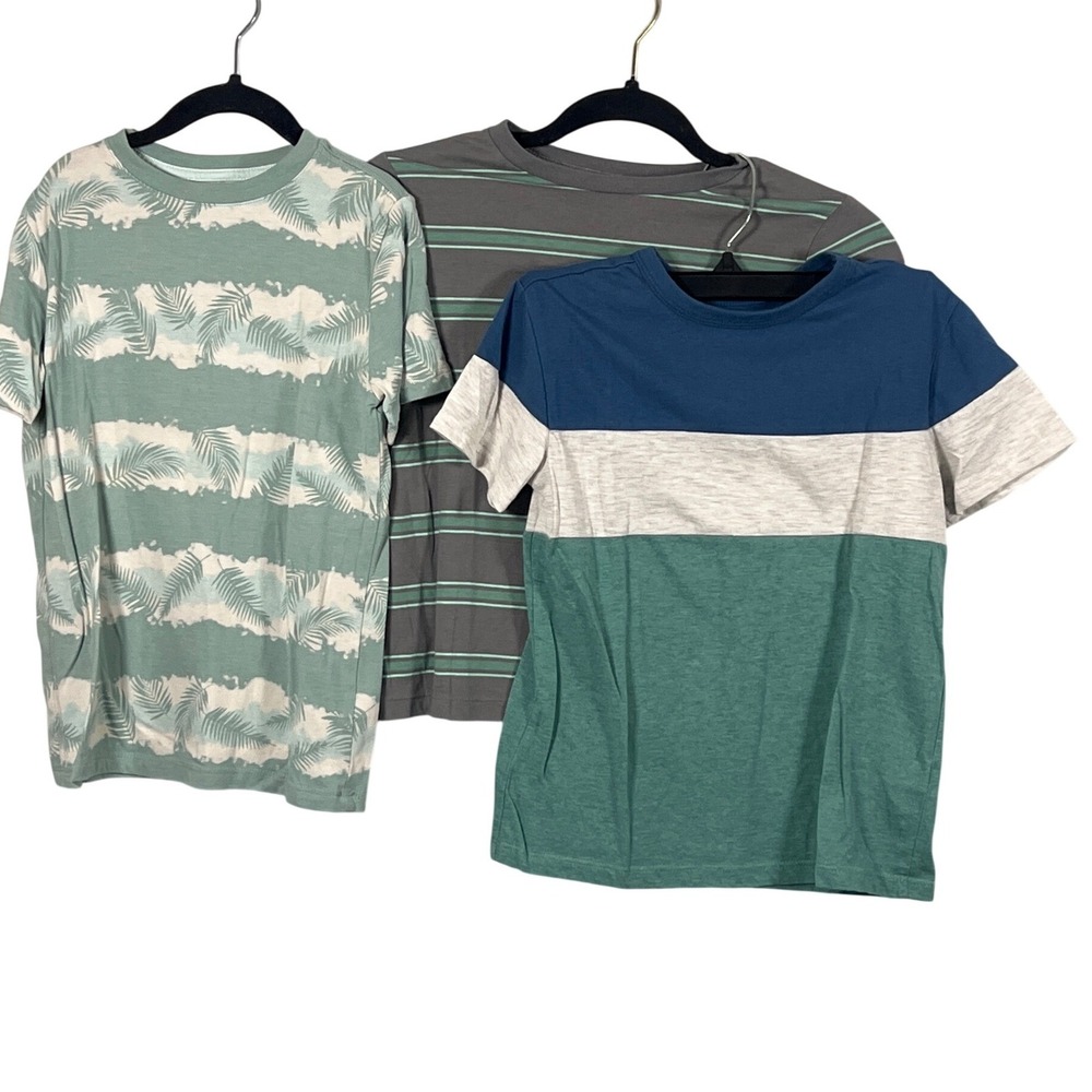 Cat & Jack Blue Teal Gray Short Sleeve Tops Boys Small Set of 3 Tropical Stripes